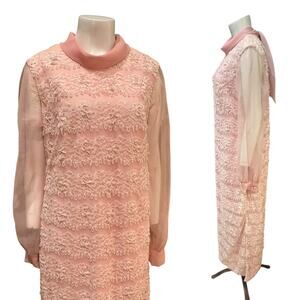 Vintage 1960s Jack Bryan Pink Beaded Lace Maxi Dress Long Gown / Large -